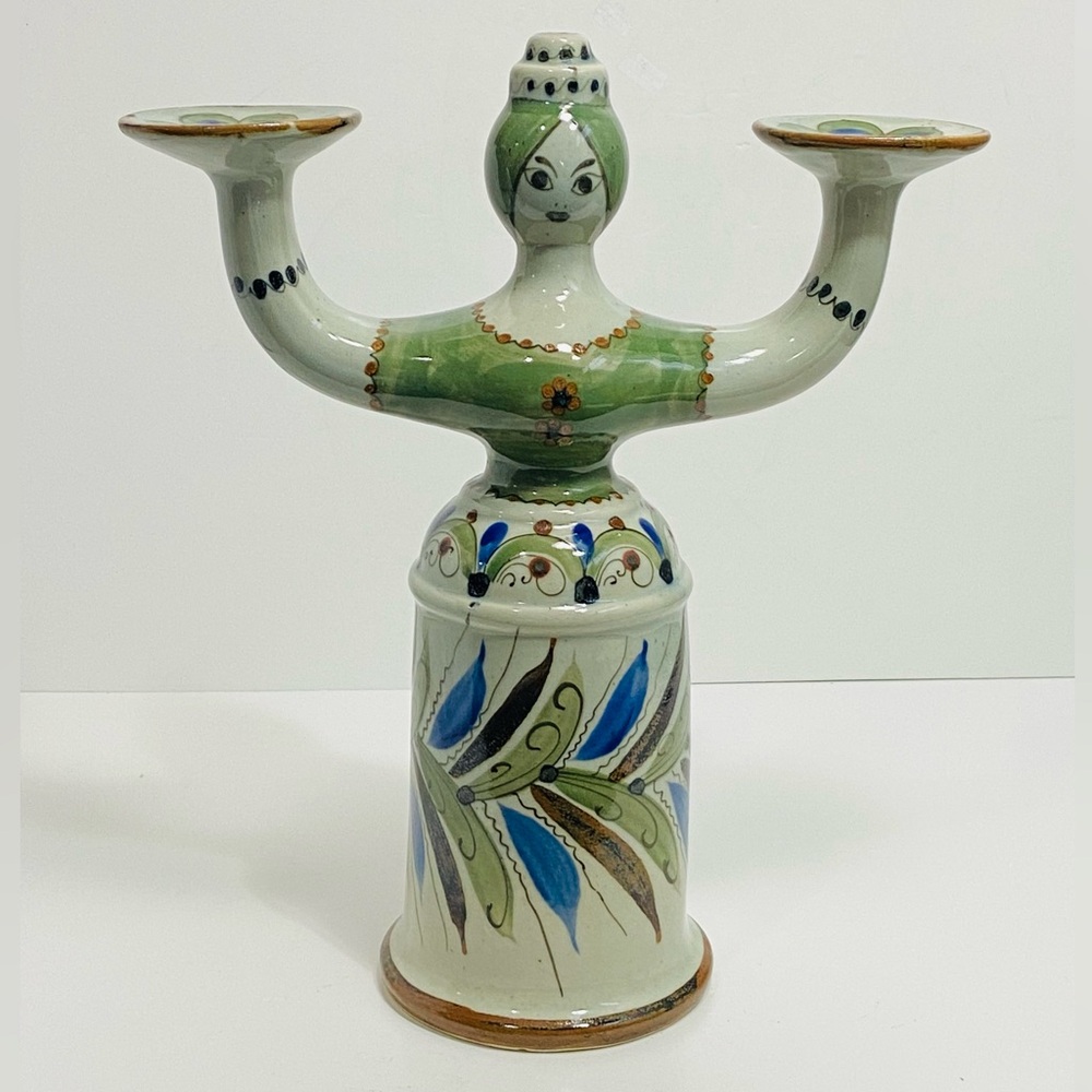 Vtg Ken Edwards El Palomar Mexican Pottery Folk Art Woman Double Candelabra 14”